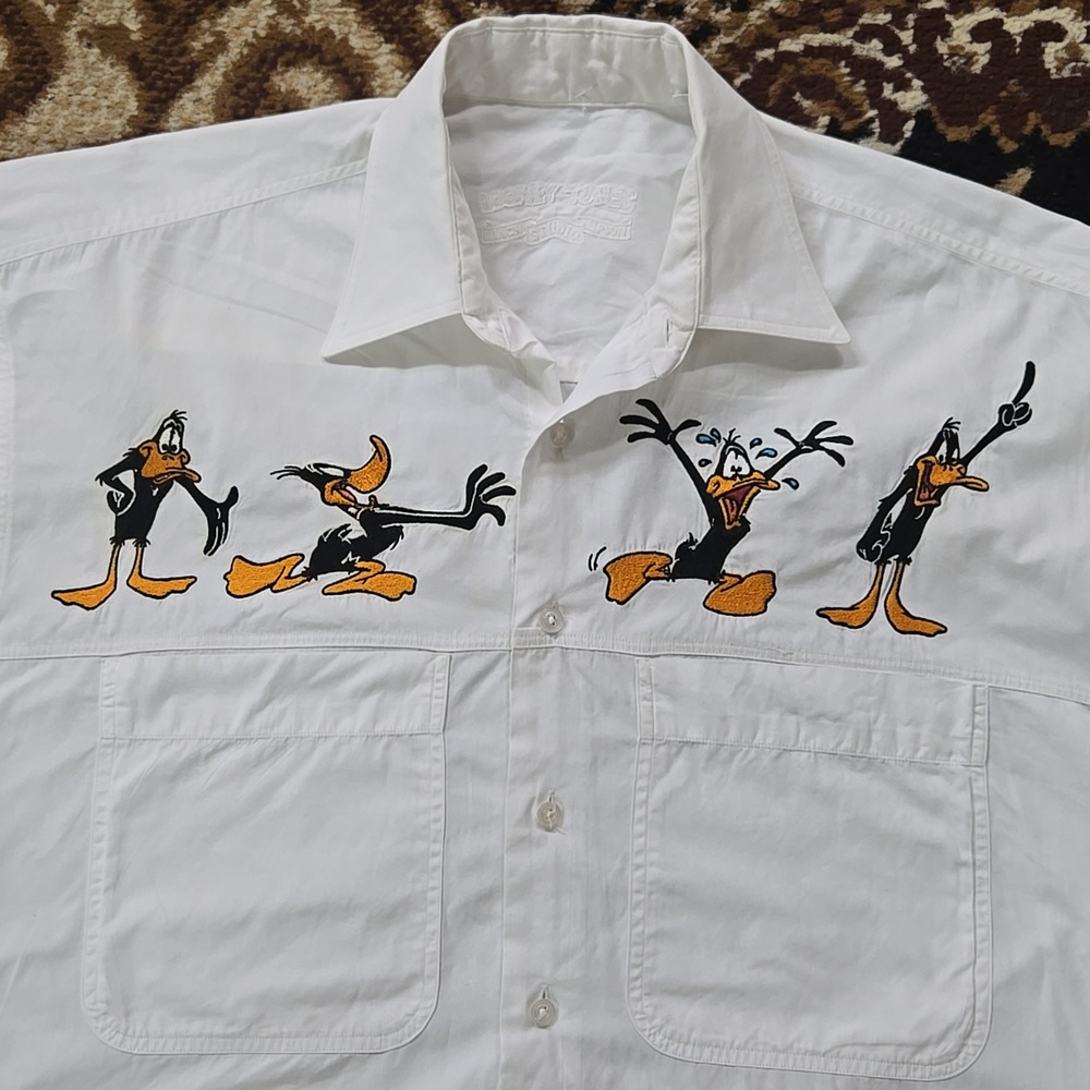 Retro 90s Looney Toons Daffy Duck White Cotton Button Up Shirt Vintage 1990s - Picture 5 of 16